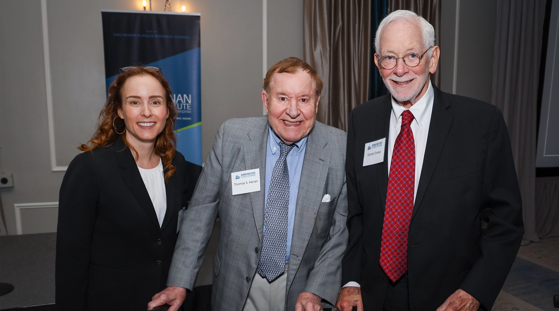 Paige Ouimet, Executive Director, Kenan Institute of Private Enterprise, and Professor of Finance, UNC Kenan-Flagler Business School; Tom Kenan, William R. Kenan Jr. Charitable Trust; and Dan Drake, William R. Kenan, Jr. Funds.
