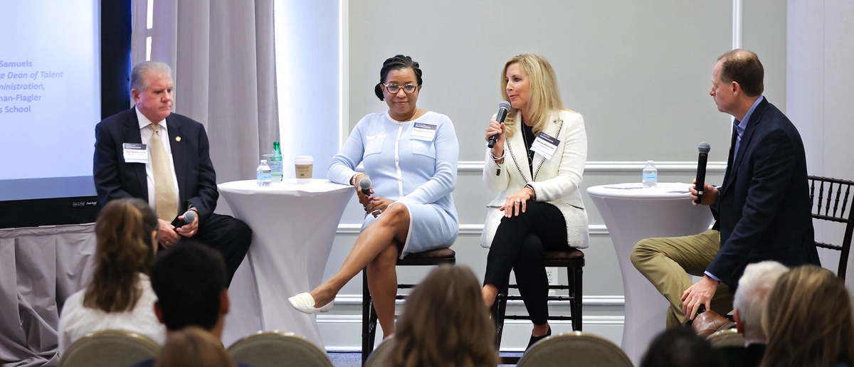 From left: Panelists Representative Stephen M. Ross, North Carolina General Assembly; Tammy Samuels, UNC Kenan-Flagler Business School; DeLisa Alexander, Qlik, Sophos, and Synechron; and moderator David Hofmann, UNC Kenan-Flagler Business School.