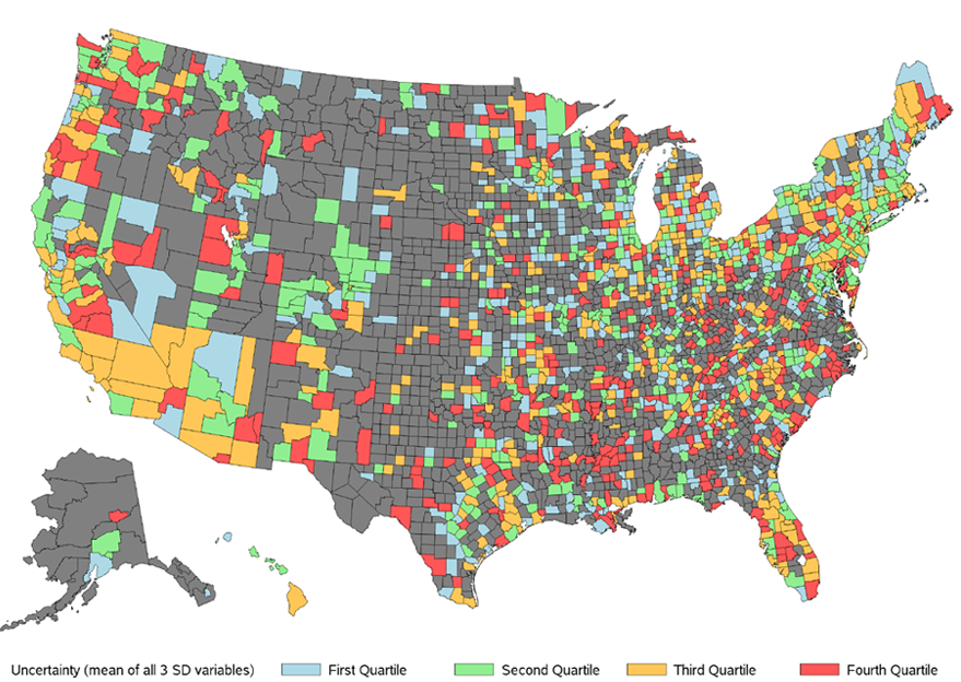 Geographic heterogeneity in uncertainty by county