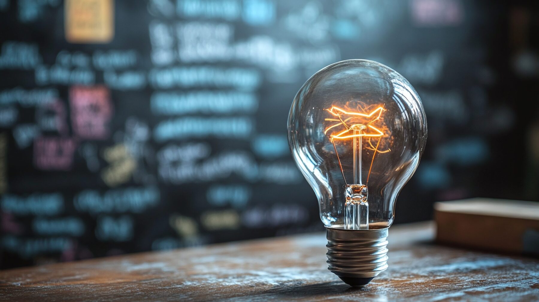 Light bulb in front of a black board with notes.