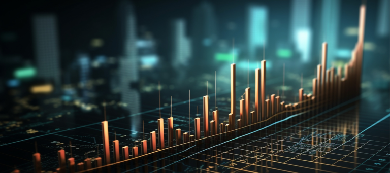 Economic and finance concept portrayed with stats, market visuals, and uptrend signal