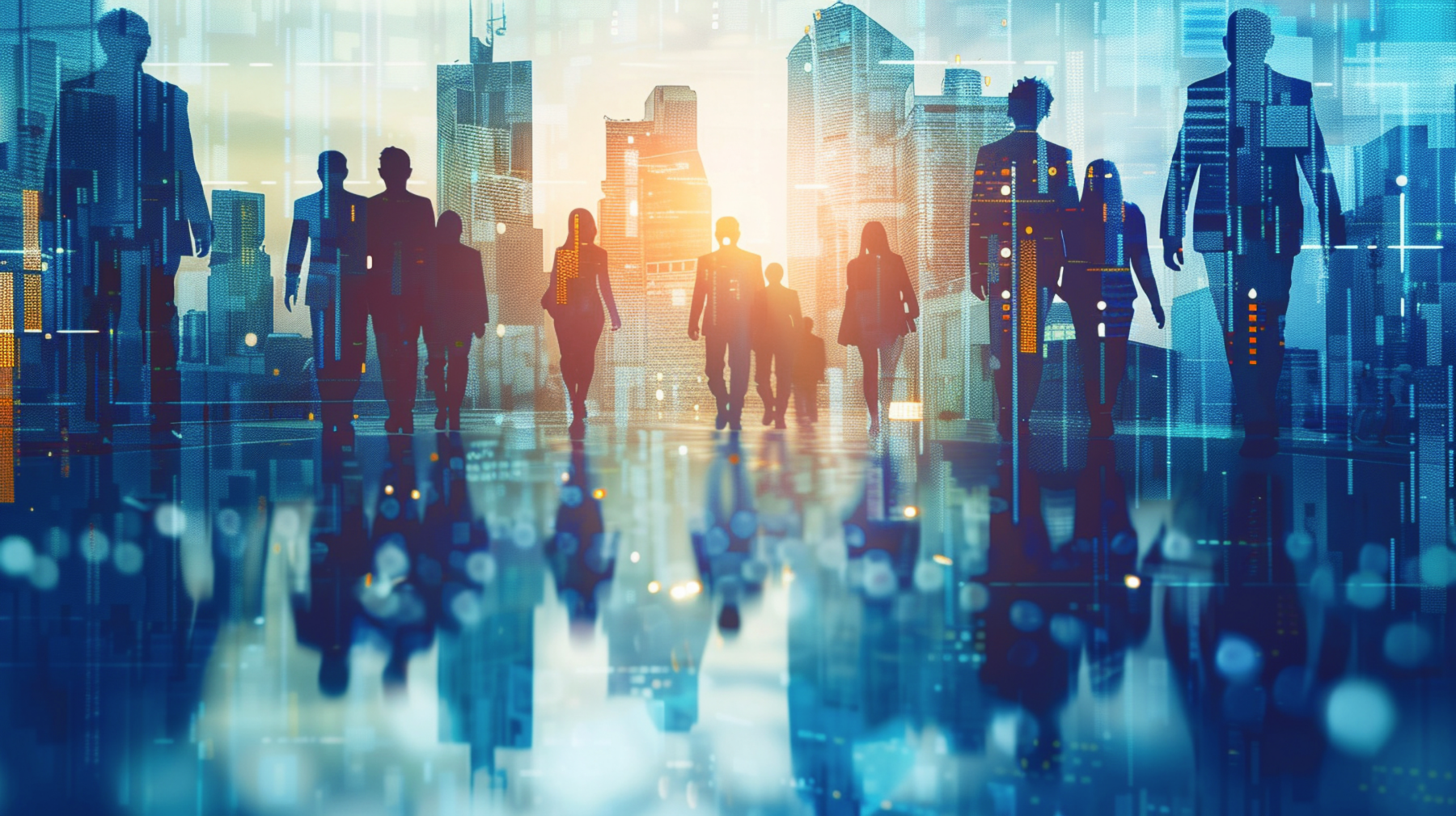 Silhouetted people walking through a modern cityscape overlaid with digital data and light patterns.