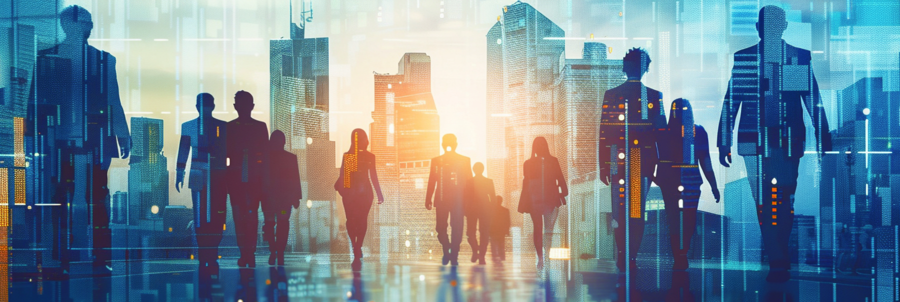 Silhouette of business professionals walking with a city outline in the background
