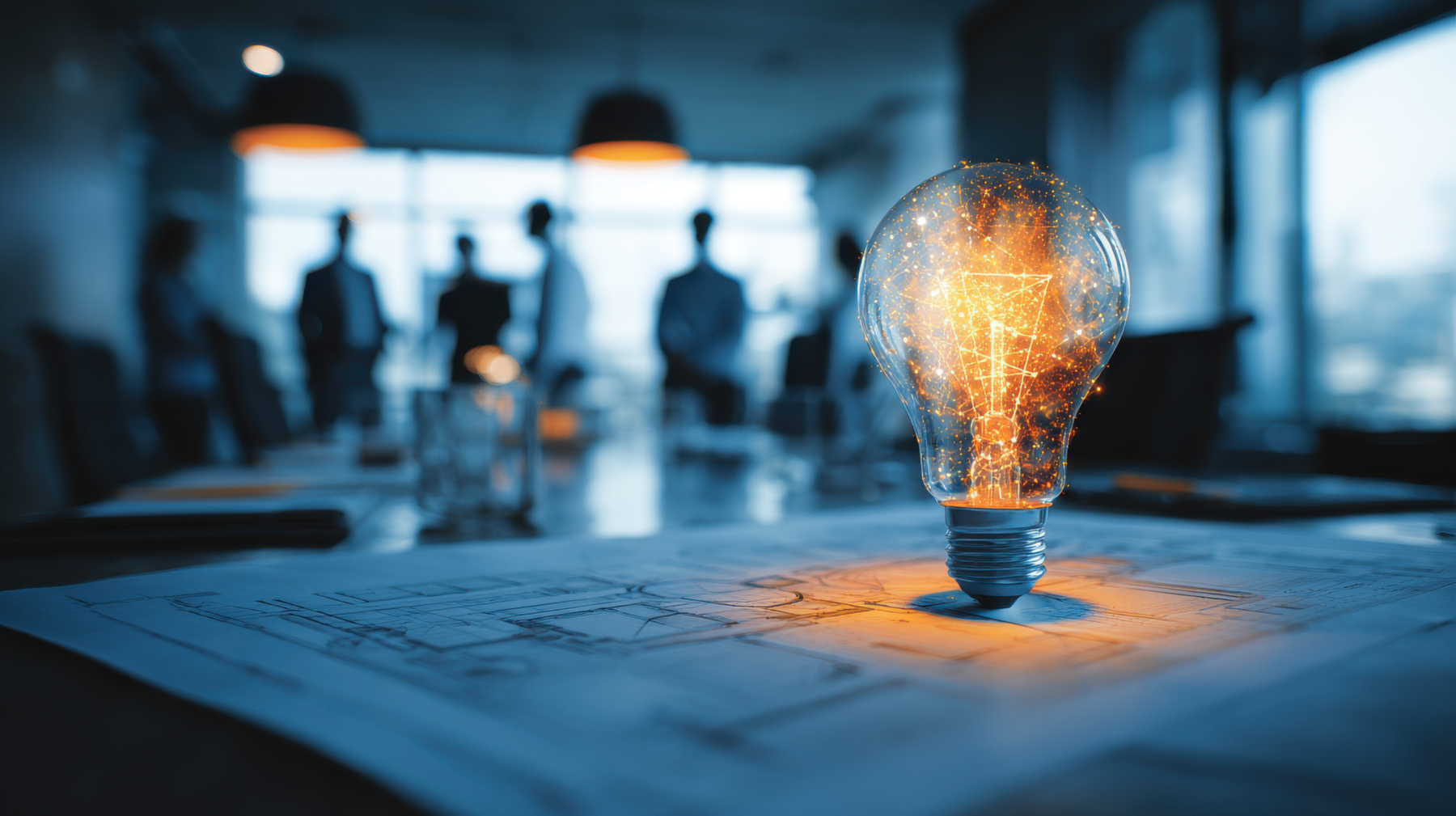 Ai generated image of a lightbulb glowing on a desk with business people standing in the background