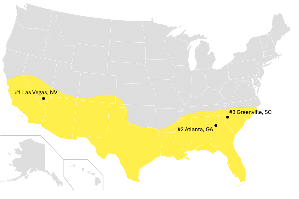 Map of the US Sunbelt highlighting that the top three performers for construction productivity are based in the Sun Belt