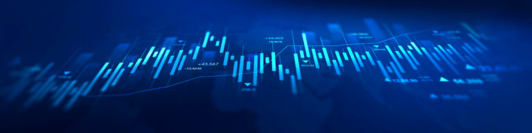 Abstract blue financial chart with glowing candlestick bars, line graph overlays, and numeric indicators suggesting market trends. Economy.