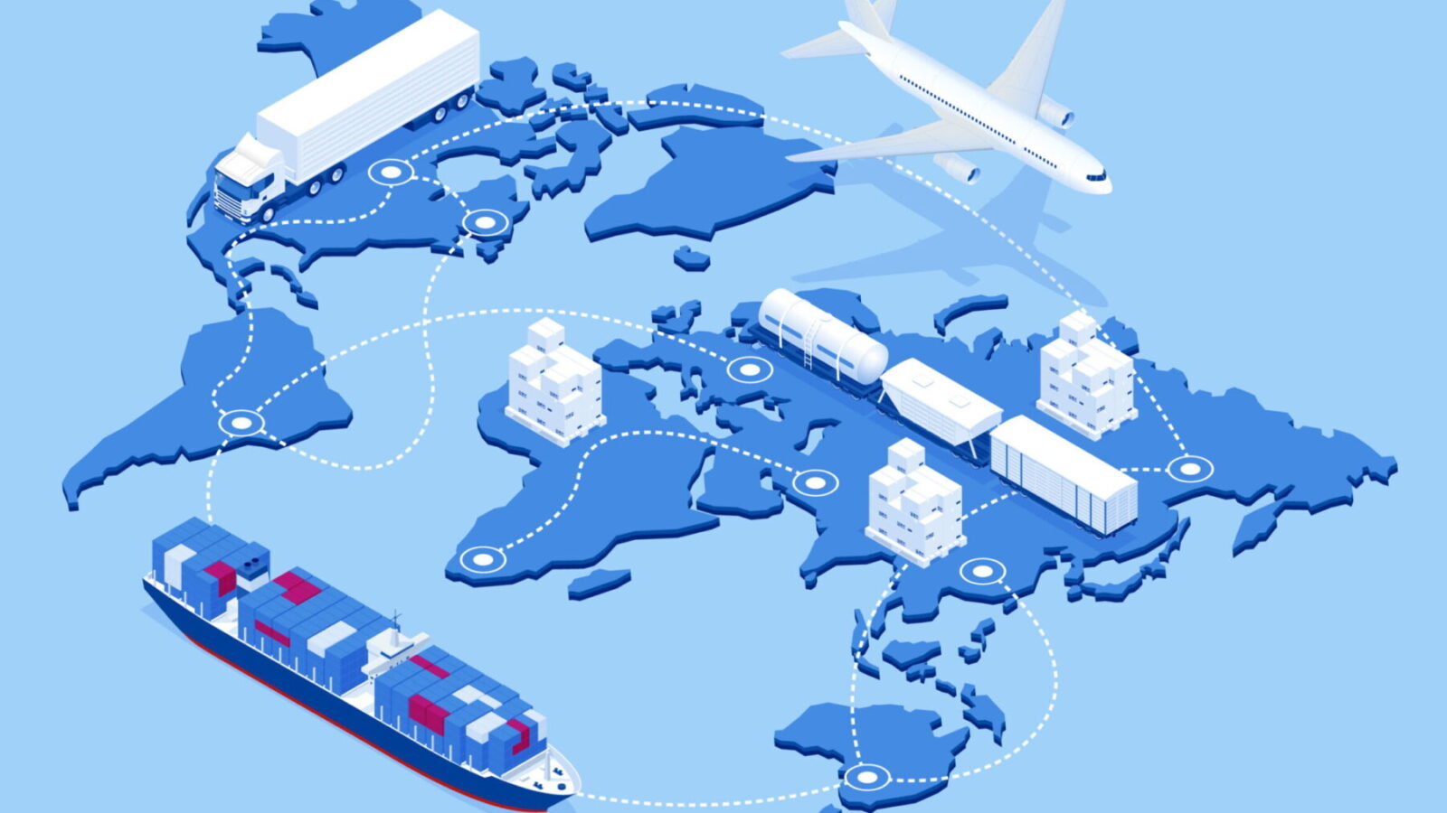 Illustration of various transportation methods involving supply chains.