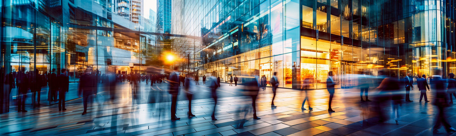 Motion-blur scene of people walking through a modern glass office district at sunset, with tall reflective buildings, bright interior lights, and streaks of movement conveying a busy urban business environment. Economic briefing background.