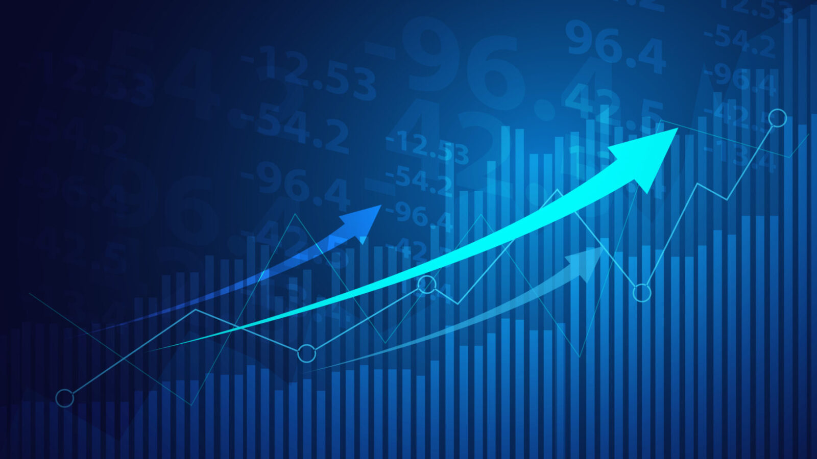 Blue-toned financial graphic showing vertical bar charts, line graphs, and large translucent numbers in the background. Three upward-pointing arrows, including a prominent teal arrow, suggest growth, increasing performance, or positive market trends. No readable words are present; visible numbers in the background.