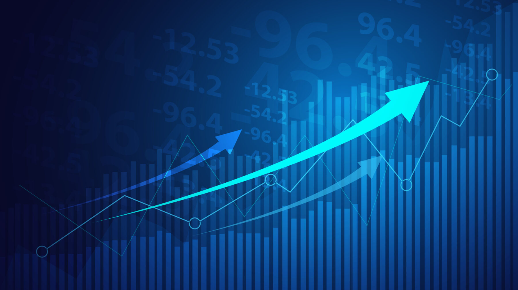 Blue-toned financial graphic showing vertical bar charts, line graphs, and large translucent numbers in the background. Three upward-pointing arrows, including a prominent teal arrow, suggest growth, increasing performance, or positive market trends. No readable words are present; visible numbers in the background.