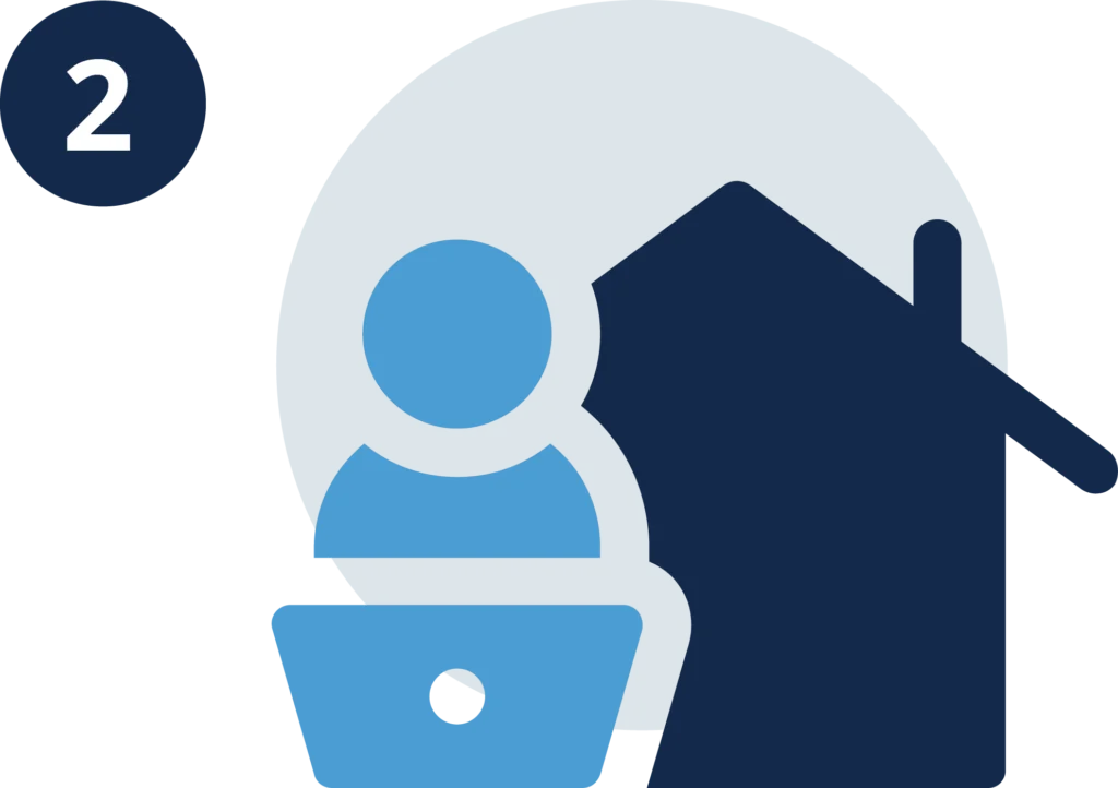 Icon on a person working on a computer next to a house