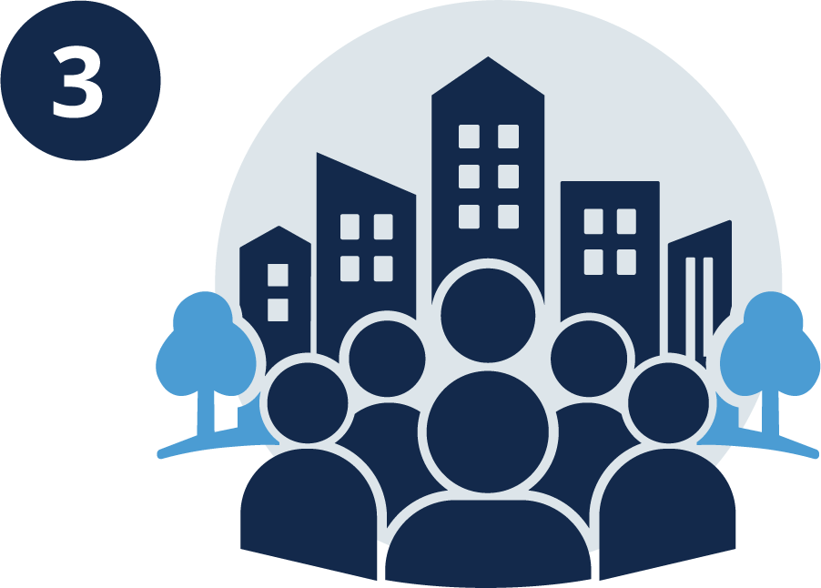 Icon representing society with a group of people in the forefront and buildings behind them with trees on either side.