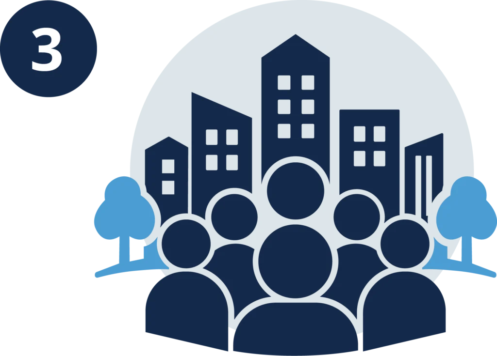 Icon representing society with a group of people in the forefront and buildings behind them with trees on either side.