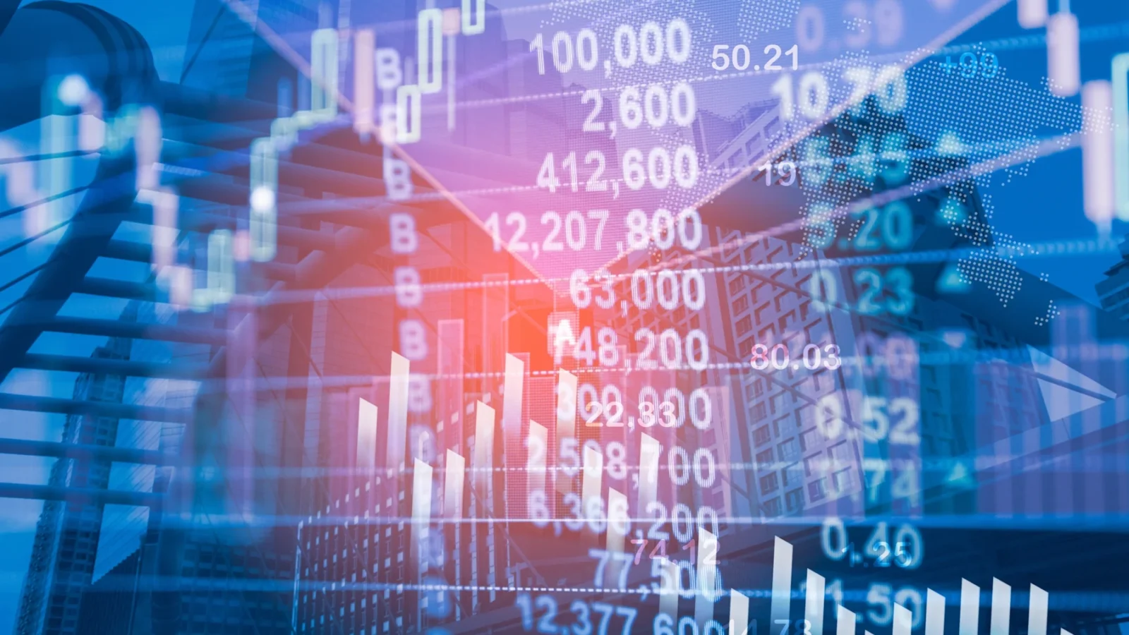A blue-toned composite image of city skyscrapers overlaid with stock market charts, financial numbers, data visualizations, and upward-trending bar graphs.