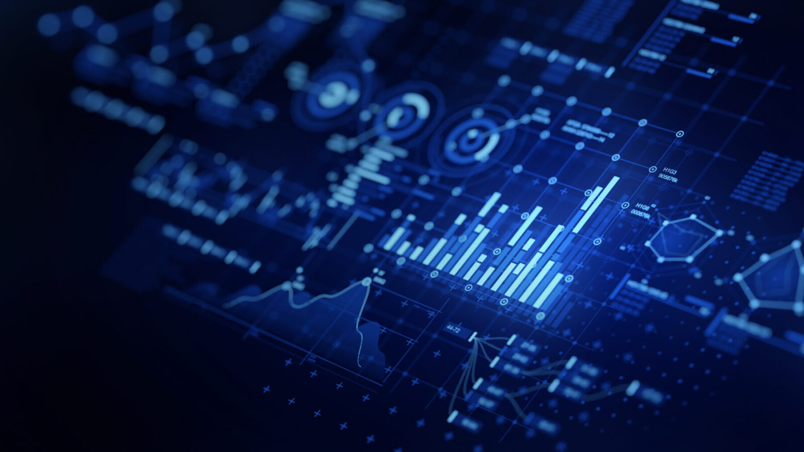 Abstract digital dashboard interface in blue tones featuring bar charts, line graphs, circular target-style graphics, data points, and grid overlays. The image represents data analytics, business intelligence, or technology reporting.