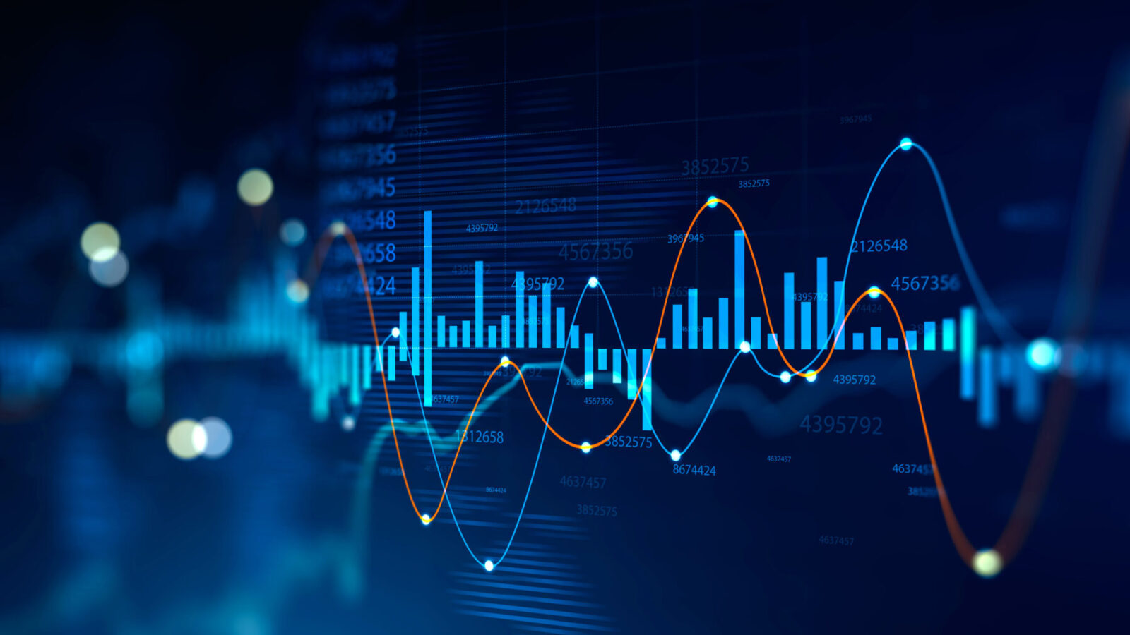 Digital financial analytics graphic with blue bar charts and blue/orange trend lines on a dark background.